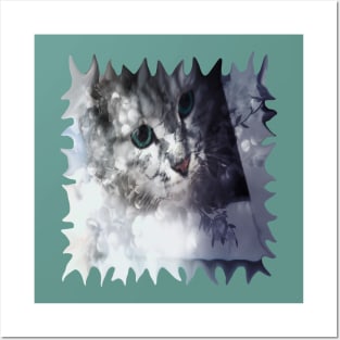 Green-eyed Kitty Peering Through the Cloudy Bush Posters and Art